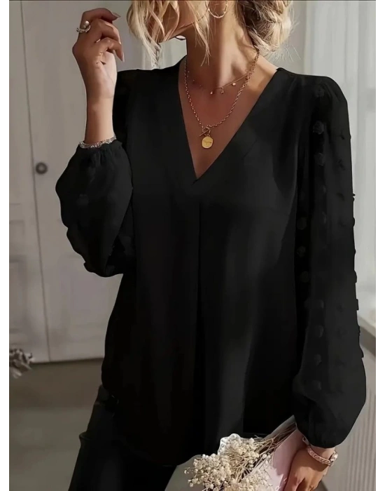 Kadın Uzun Kollu V Yakalı Kolları Popon Detaylı Sandy Bluz