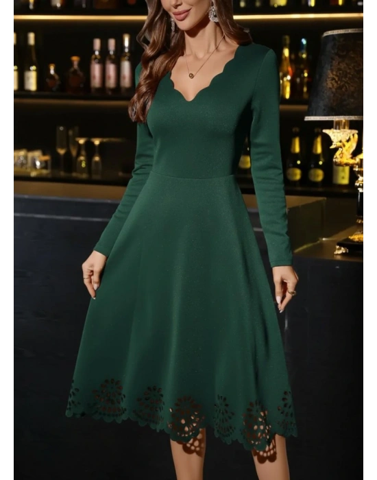 Kadın Uzun Kollu V Yakalı Lazer Kesim Detaylı Midi Ithal Krep Elbise