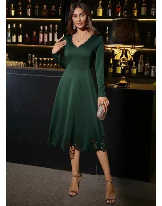 Kadın Uzun Kollu V Yakalı Lazer Kesim Detaylı Midi Ithal Krep Elbise