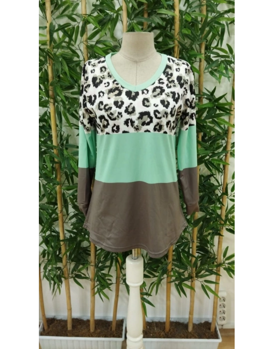 Kadın Uzun Kollu V Yakalı Leopar Baskılı şardonlu Dalgıç Bluz