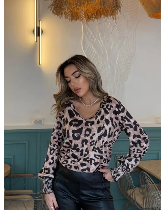 Kadın Uzun Kollu V Yakalı Leopar Desenli Dalgıç Bluz