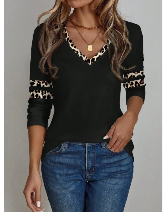Kadın Uzun Kollu V Yakalı Leopar Desenli Viskon Iki Iplik Bluz