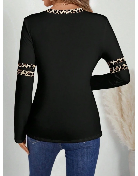 Kadın Uzun Kollu V Yakalı Leopar Desenli Viskon Iki Iplik Bluz