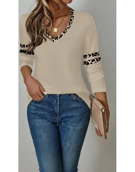 Kadın Uzun Kollu V Yakalı Leopar Desenli Viskon Iki Iplik Bluz