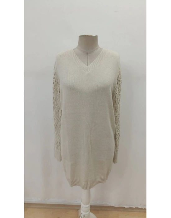 Kadın Uzun Kollu V Yakalı Mini Triko Elbise