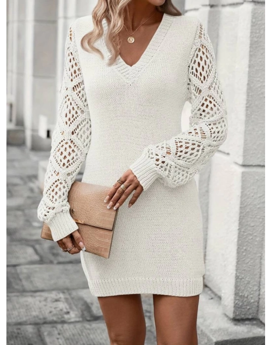 Kadın Uzun Kollu V Yakalı Mini Triko Elbise