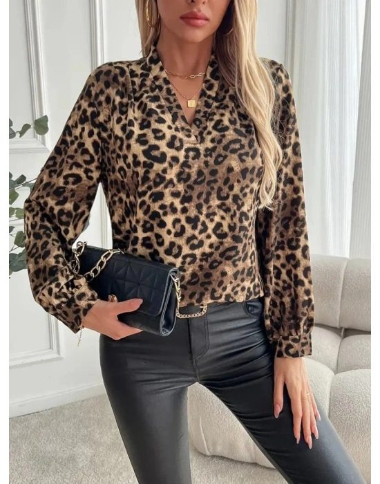 Kadın Uzun Kollu V Yakalı Modal Leopar Desenli Bluz