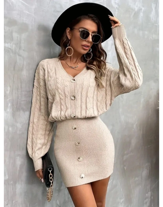 Kadın Uzun Kollu V Yakalı önden Düğmeli Kısa Triko Elbise