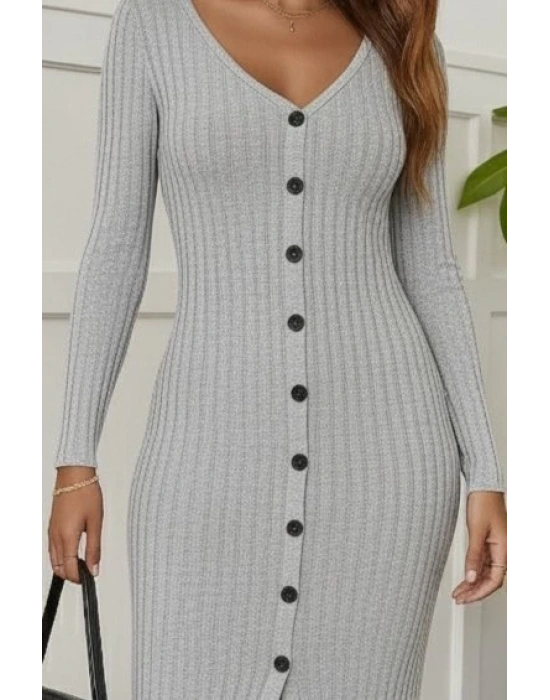 Kadın Uzun Kollu V Yakalı önden Düğmeli şardonlu Kaşkorse Elbise