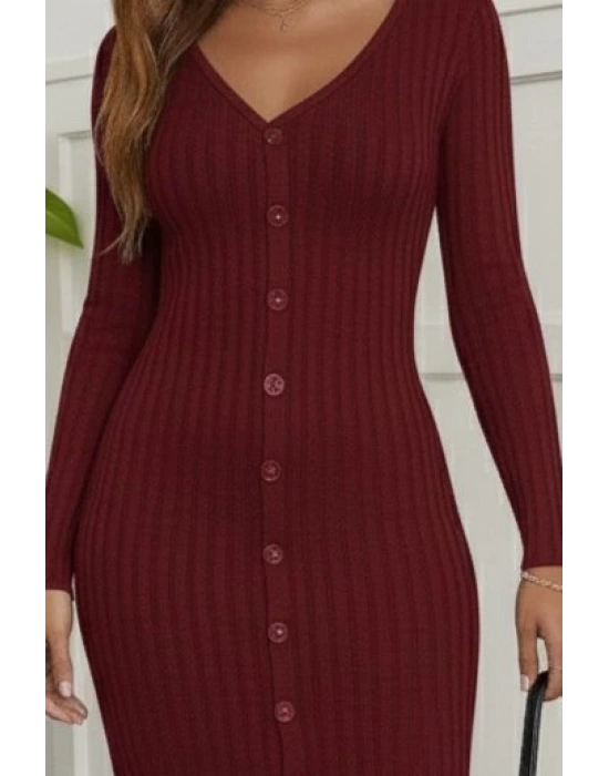 Kadın Uzun Kollu V Yakalı önden Düğmeli şardonlu Kaşkorse Elbise