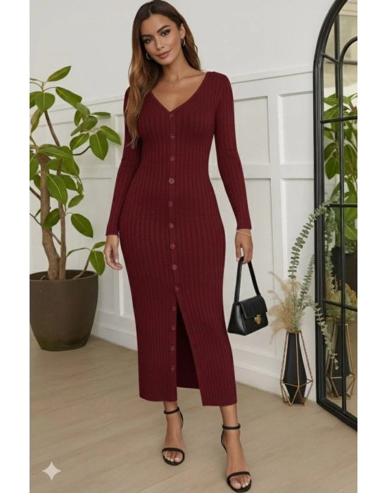 Kadın Uzun Kollu V Yakalı önden Düğmeli şardonlu Kaşkorse Elbise