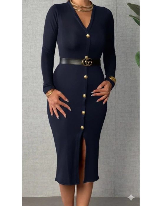 Kadın Uzun Kollu V Yakalı önden Düğmeli Yırtmaçlı Modal Midi Kemersiz Elbise