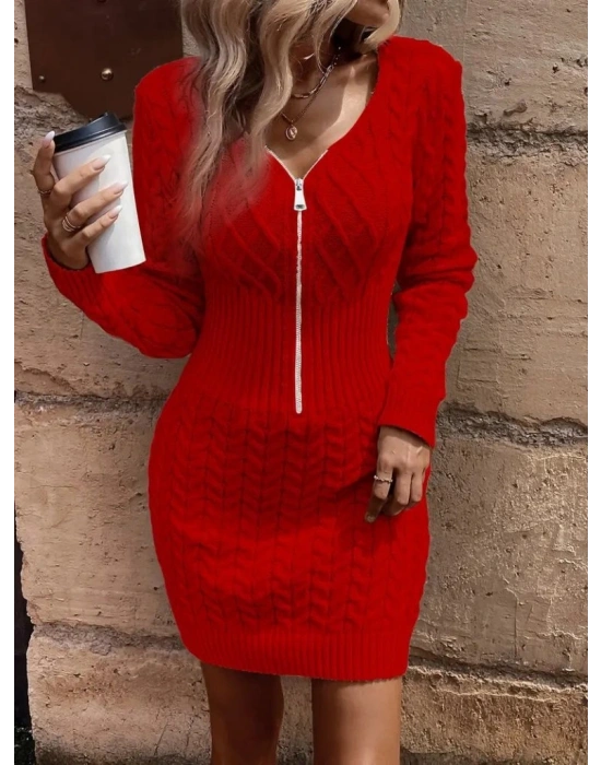 Kadın Uzun Kollu V Yakalı önden Fermuarlı Kısa Triko Elbise