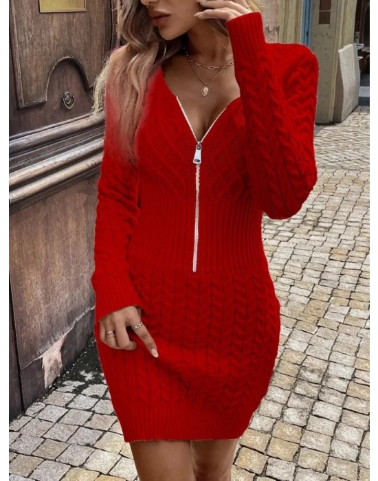 Kadın Uzun Kollu V Yakalı önden Fermuarlı Kısa Triko Elbise