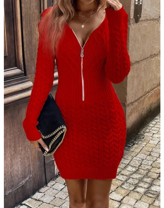 Kadın Uzun Kollu V Yakalı önden Fermuarlı Kısa Triko Elbise