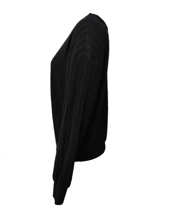 Kadın Uzun Kollu V Yakalı Pencere Sırt Dantel Detaylı Kalın Fitilli Kaşkorse Bluz