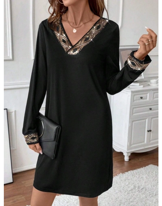 Kadın Uzun Kollu V Yakalı Pulpayet Detaylı Mini Ithal Krep Elbise