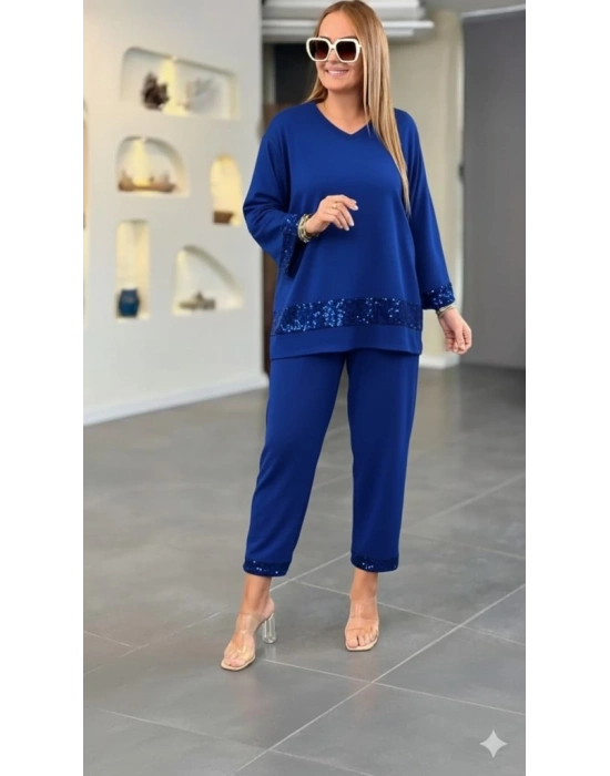 Kadın Uzun Kollu V Yakalı Pulpayet Viskon Iki Iplik Bluz Ve Pantolon Takım