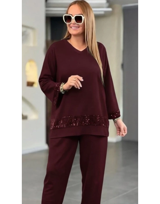 Kadın Uzun Kollu V Yakalı Pulpayet Viskon Iki Iplik Bluz Ve Pantolon Takım