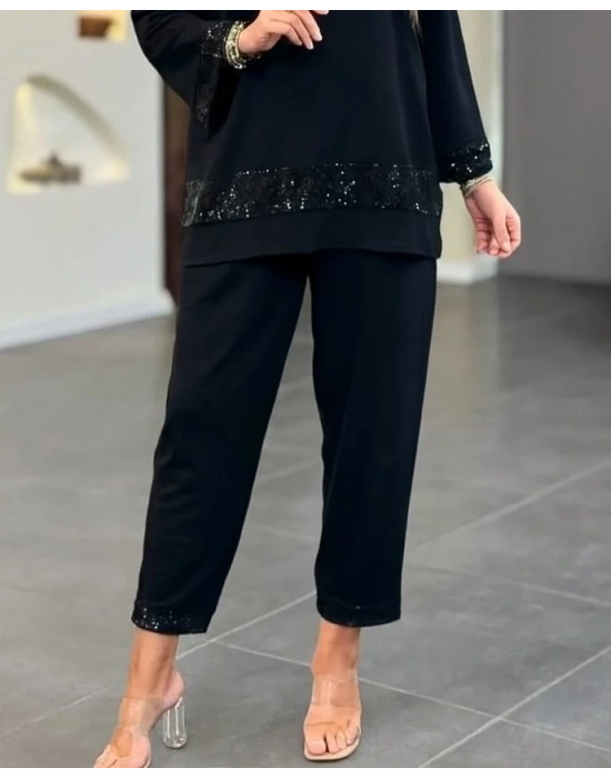 Kadın Uzun Kollu V Yakalı Pulpayet Viskon Iki Iplik Bluz Ve Pantolon Takım