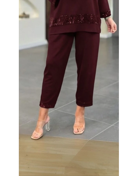 Kadın Uzun Kollu V Yakalı Pulpayet Viskon Iki Iplik Bluz Ve Pantolon Takım