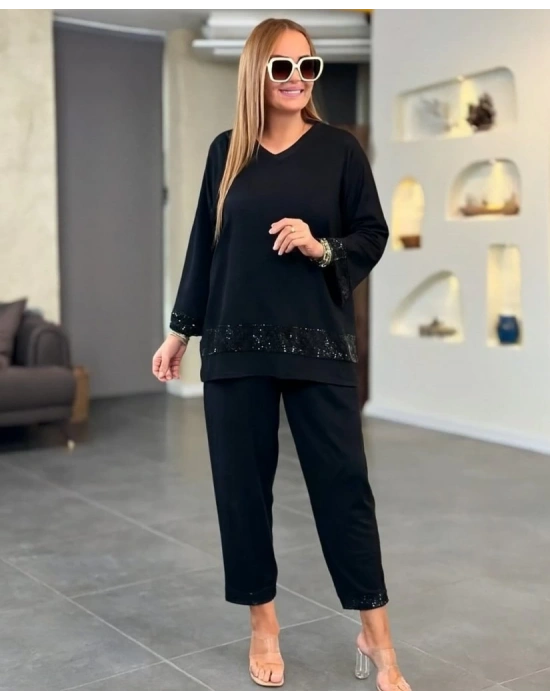 Kadın Uzun Kollu V Yakalı Pulpayet Viskon Iki Iplik Bluz Ve Pantolon Takım