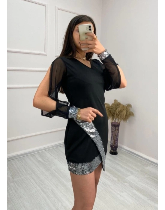 Kadın Uzun Kollu V Yakalı Pulpayetli Ithal Krep Mini Elbise