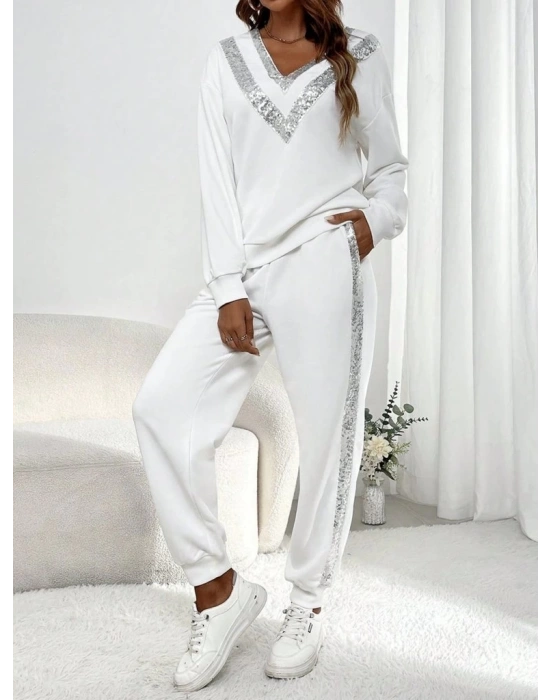 Kadın Uzun Kollu V Yakalı Pulpayetli Viskon Iki Iplik Bluz Ve Pantolon