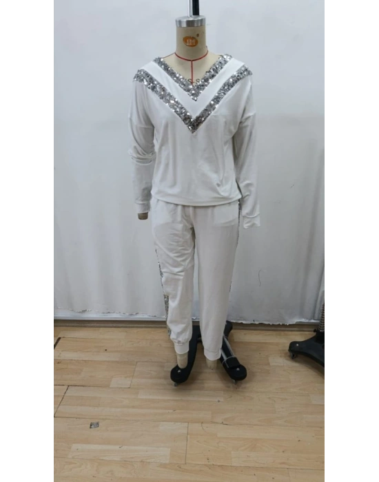 Kadın Uzun Kollu V Yakalı Pulpayetli Viskon Iki Iplik Bluz Ve Pantolon