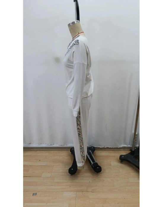 Kadın Uzun Kollu V Yakalı Pulpayetli Viskon Iki Iplik Bluz Ve Pantolon