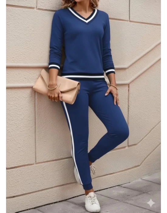 Kadın Uzun Kollu V Yakalı Ribanalı Viskon Iki Iplik Bluz Ve Pantolon Ikili Takım