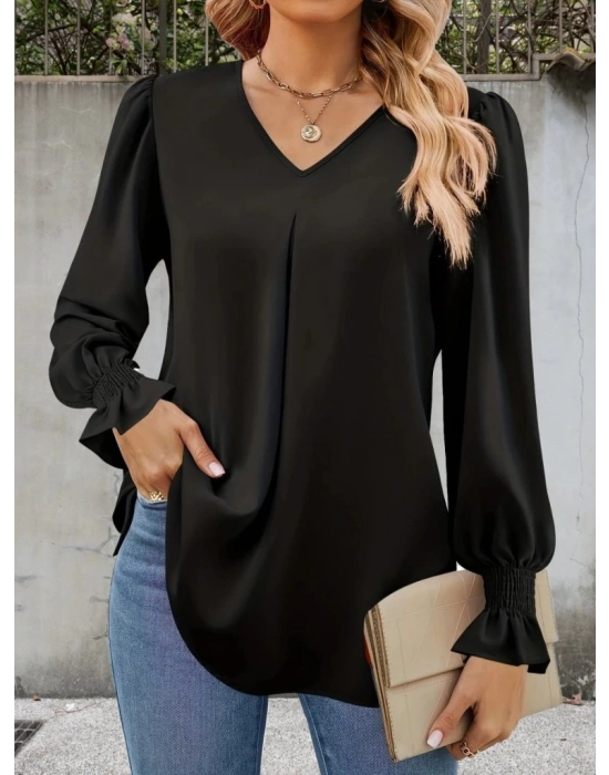 Kadın Uzun Kollu V Yakalı Salaş Ithal Krep Bluz