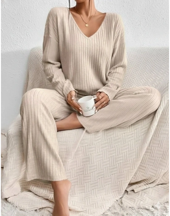 Kadın Uzun Kollu V Yakalı şardonlu Kaşkorse Bluz Ve Pantolon Ikili Takım