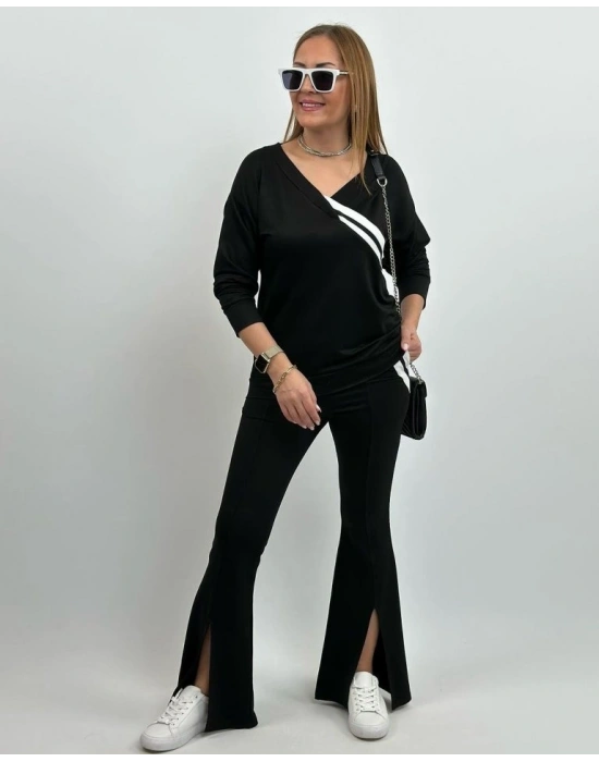 Kadın Uzun Kollu V Yakalı şerit Detaylı Viskon Iki Iplik Bluz Ve Pantolon Ikili Takım