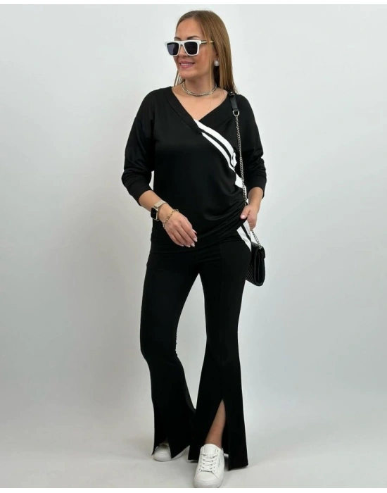 Kadın Uzun Kollu V Yakalı şerit Detaylı Viskon Iki Iplik Bluz Ve Pantolon Ikili Takım