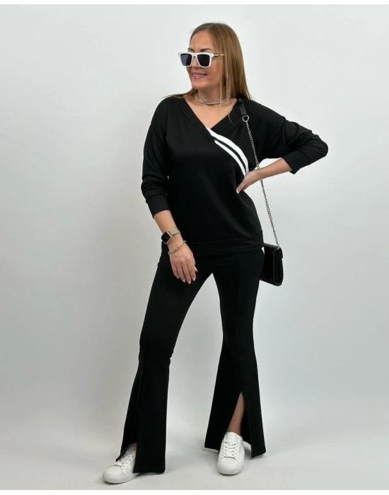 Kadın Uzun Kollu V Yakalı şerit Detaylı Viskon Iki Iplik Bluz Ve Pantolon Ikili Takım