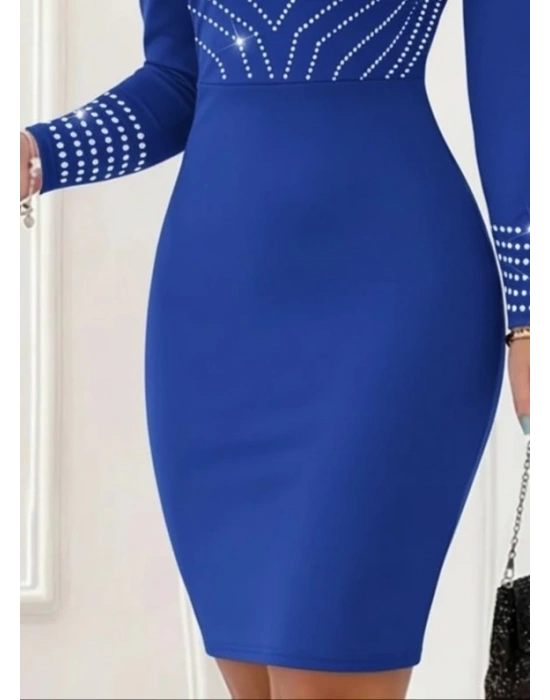 Kadın Uzun Kollu V Yakalı Taşlı Mini Ithal Krep Elbise