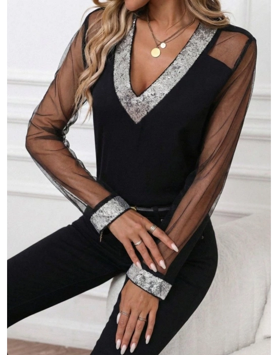 Kadın Uzun Kollu V Yakalı Tül Detaylı Ithal Krep Bluz