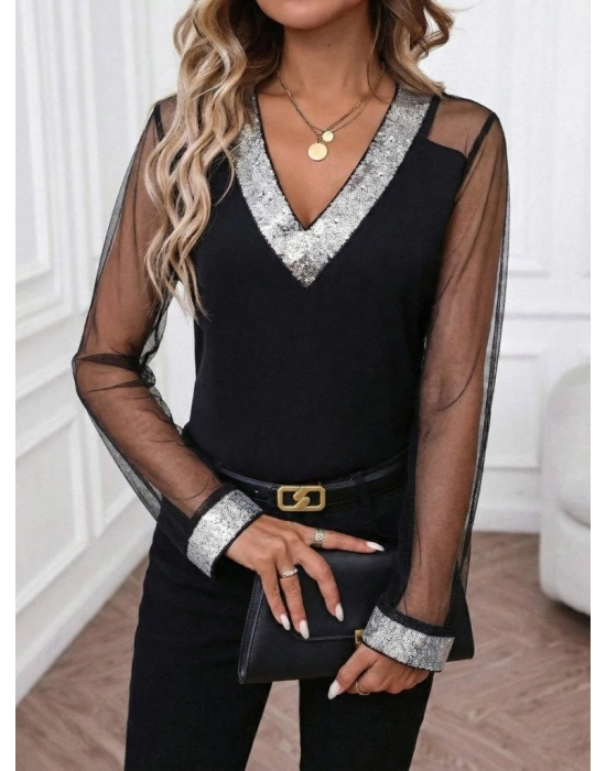 Kadın Uzun Kollu V Yakalı Tül Detaylı Ithal Krep Bluz