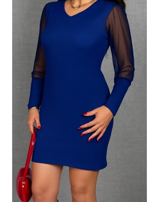 Kadın Uzun Kollu V Yakalı Tül Detaylı Mini Kaşkorse Elbise