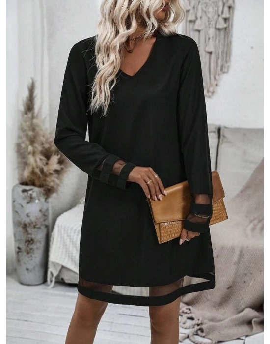 Kadın Uzun Kollu V Yakalı Tül şerit Detaylı Mini Krep Elbise