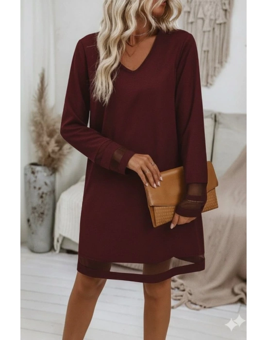 Kadın Uzun Kollu V Yakalı Tül şerit Detaylı Mini Krep Elbise