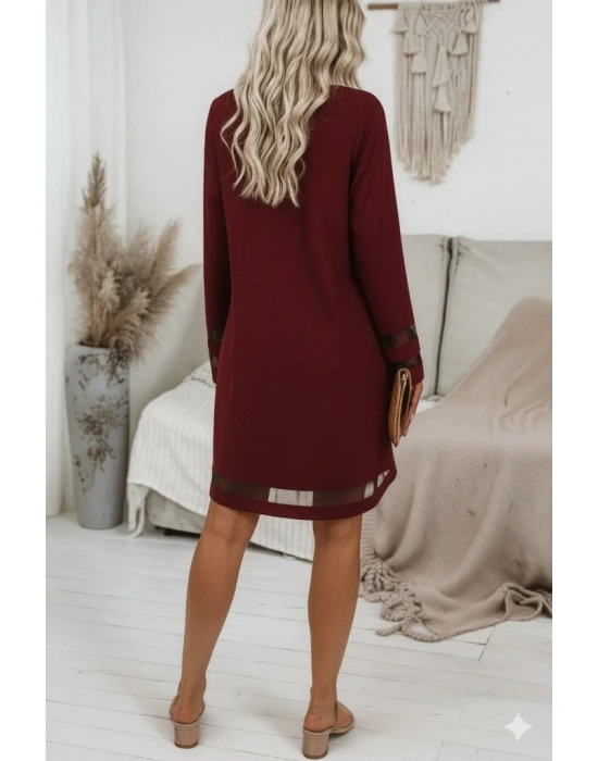 Kadın Uzun Kollu V Yakalı Tül şerit Detaylı Mini Krep Elbise