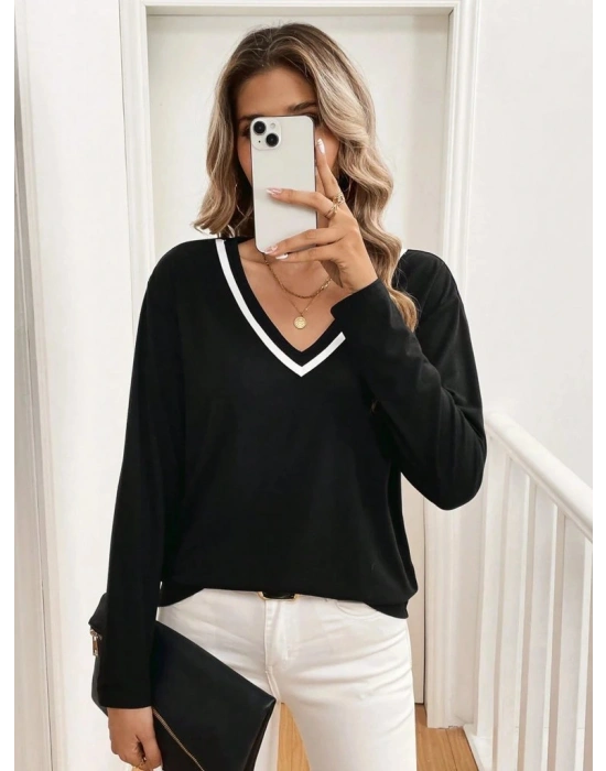 Kadın Uzun Kollu V Yakalı Viskon Iki Iplik Bluz