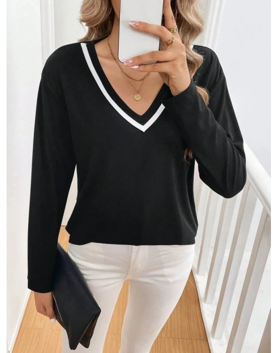 Kadın Uzun Kollu V Yakalı Viskon Iki Iplik Bluz