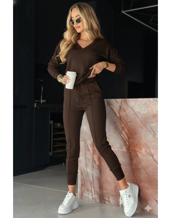 Kadın Uzun Kollu V Yakalı Viskon Iki Iplik Bluz Ve Pantolon Ikili Takım