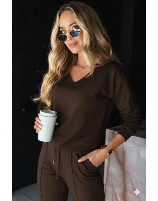 Kadın Uzun Kollu V Yakalı Viskon Iki Iplik Bluz Ve Pantolon Ikili Takım