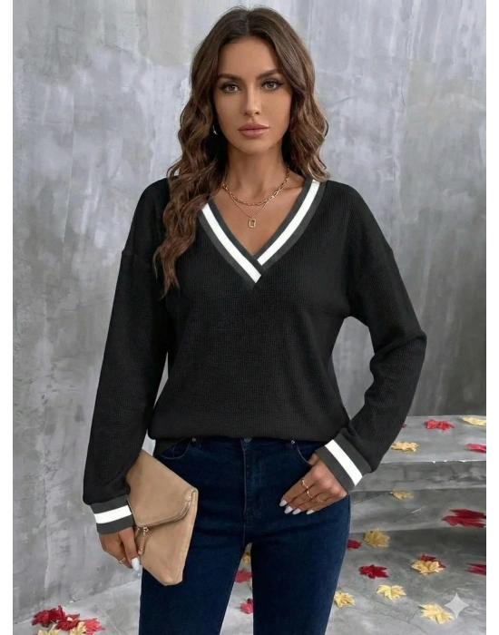 Kadın Uzun Kollu V Yakalı Waffle Bluz