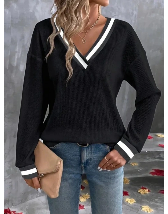 Kadın Uzun Kollu V Yakalı Waffle Bluz