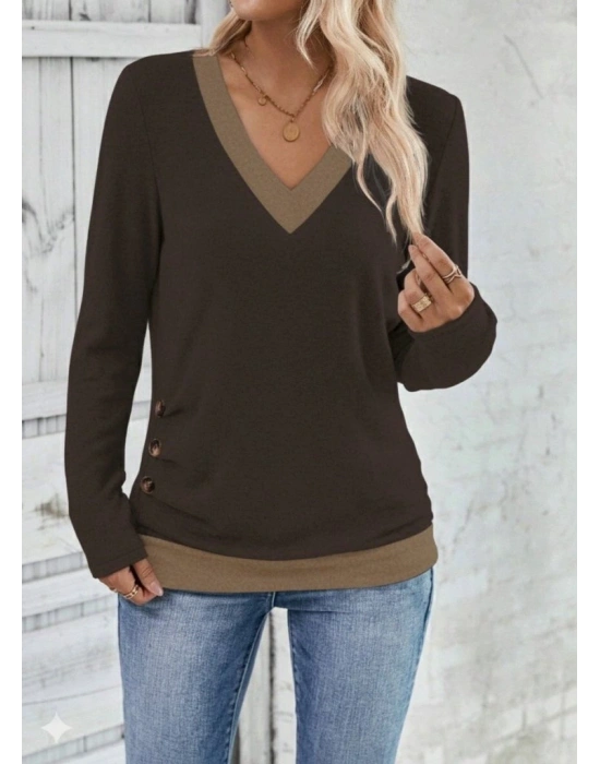 Kadın Uzun Kollu V Yakalı Yandan Düğmeli Yün Viskon Bluz